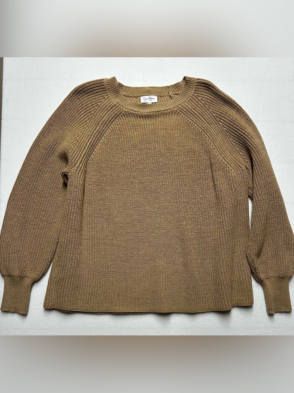 Jessica Simpson Women’s XL Beige Ribbed Lantern‑Sleeve Crewneck Sweater